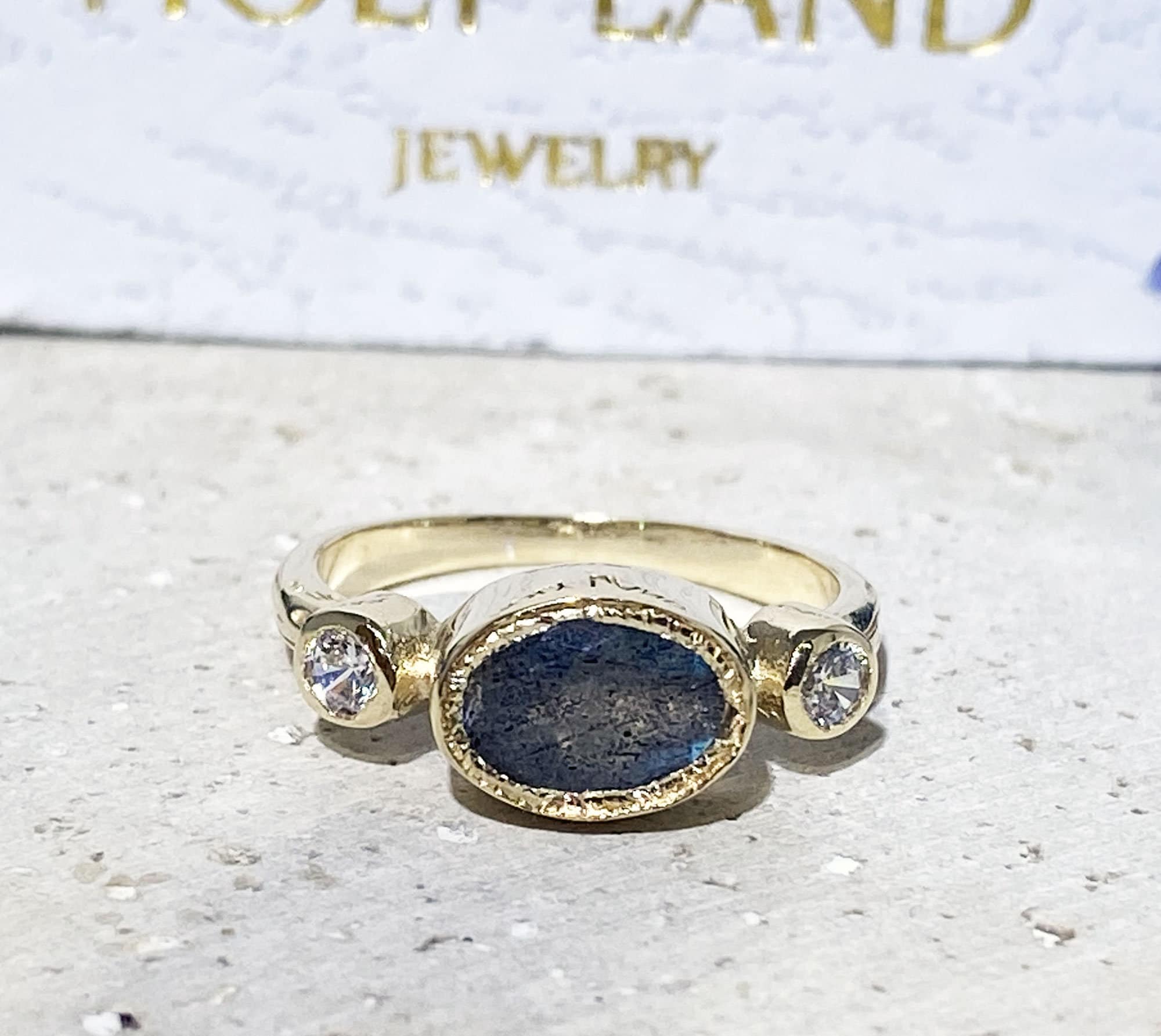 East-West Oval Labradorite Bezel Ring with Clear Quartz Accents - H.L.Jewelry