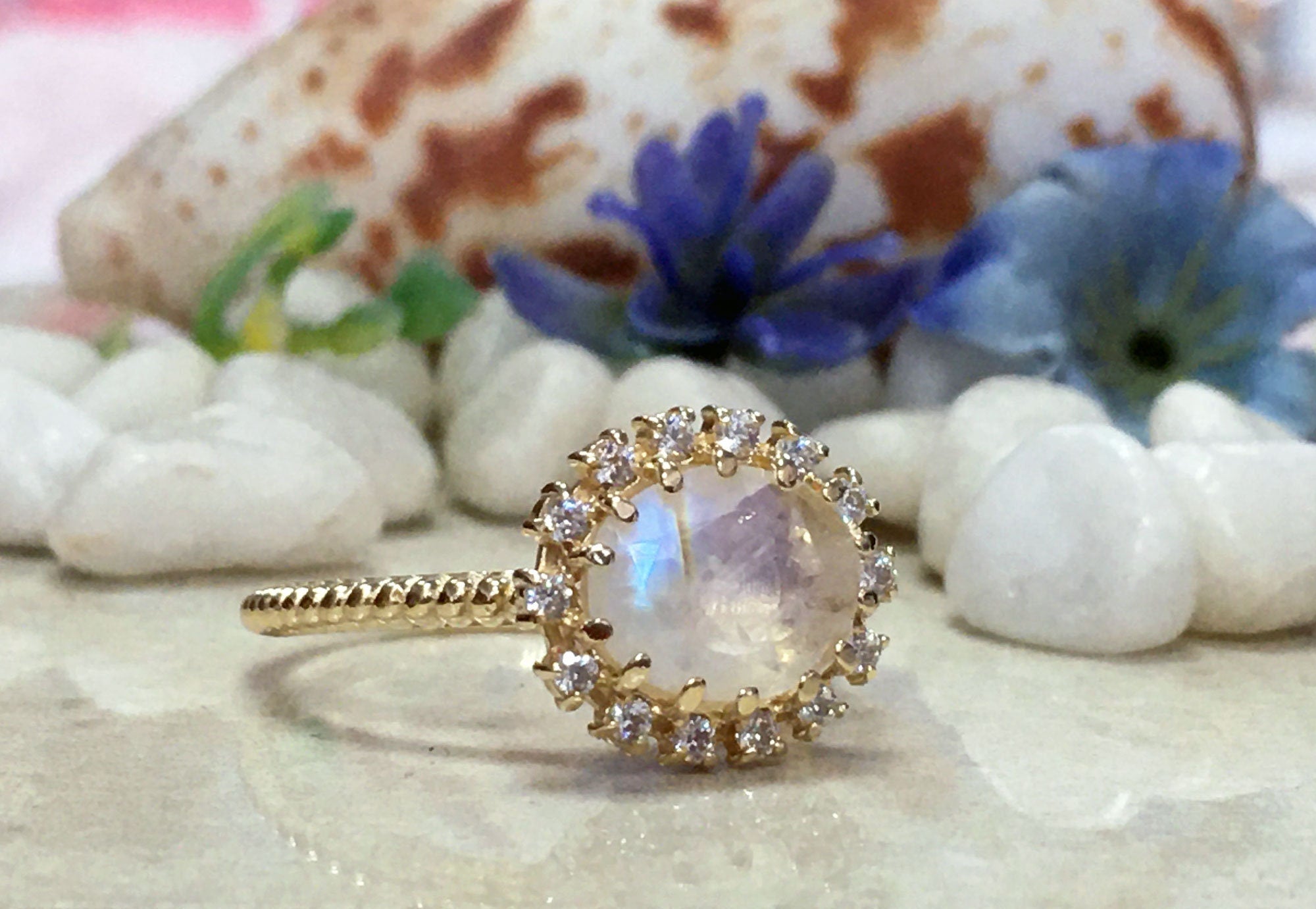 East-West Oval Rainbow Moonstone Ring with Clear Quartz Halo - H.L.Jewelry