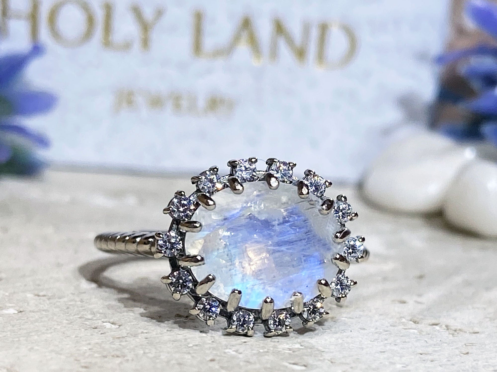 East-West Oval Rainbow Moonstone Ring with Clear Quartz Halo - H.L.Jewelry