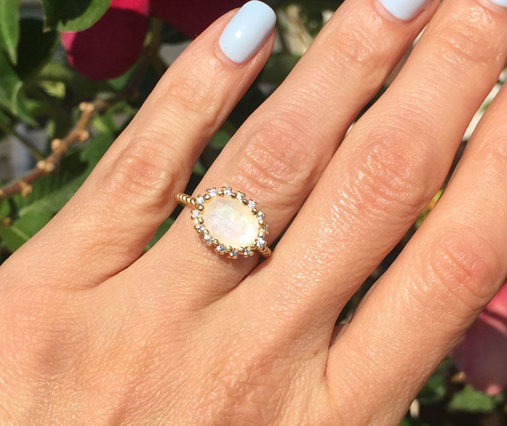 East-West Oval Rainbow Moonstone Ring with Clear Quartz Halo - H.L.Jewelry