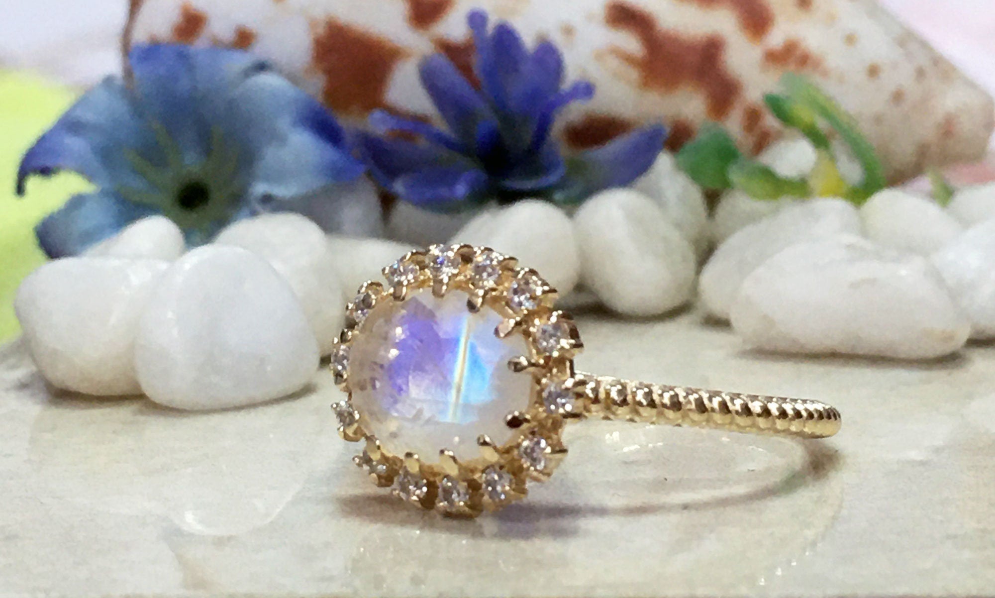 East-West Oval Rainbow Moonstone Ring with Clear Quartz Halo - H.L.Jewelry