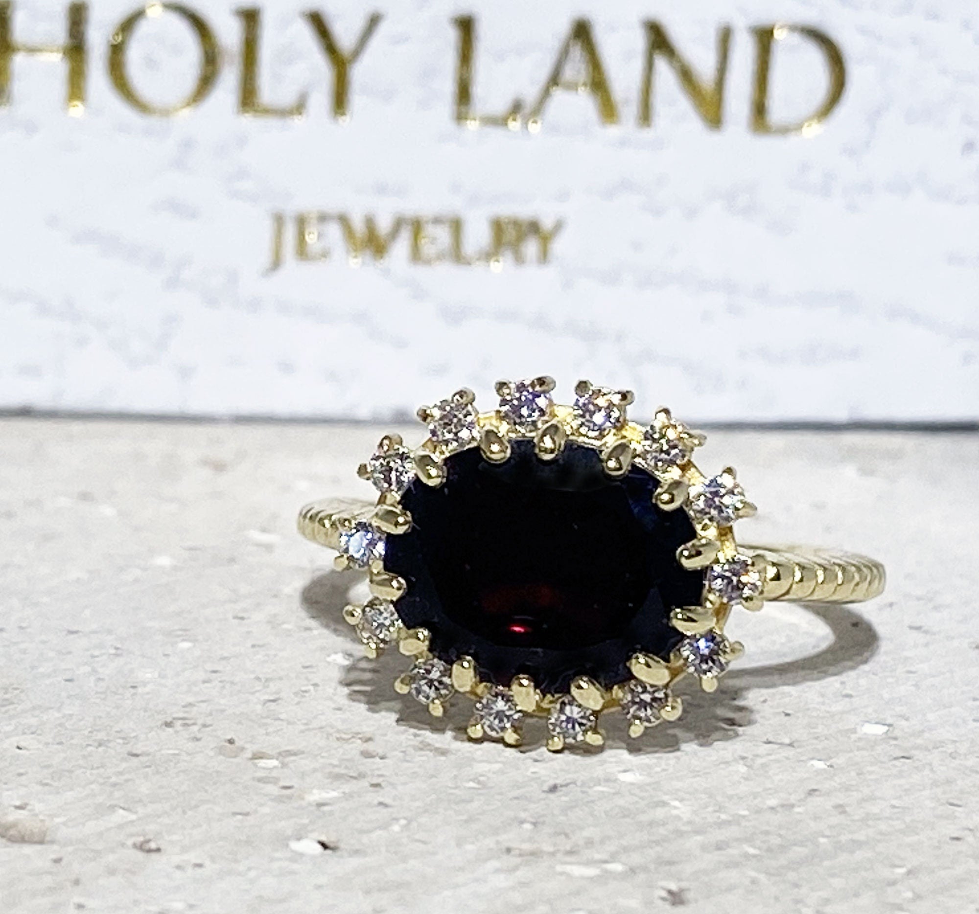 East-West Oval Red Garnet Ring with Clear Quartz Halo - H.L.Jewelry