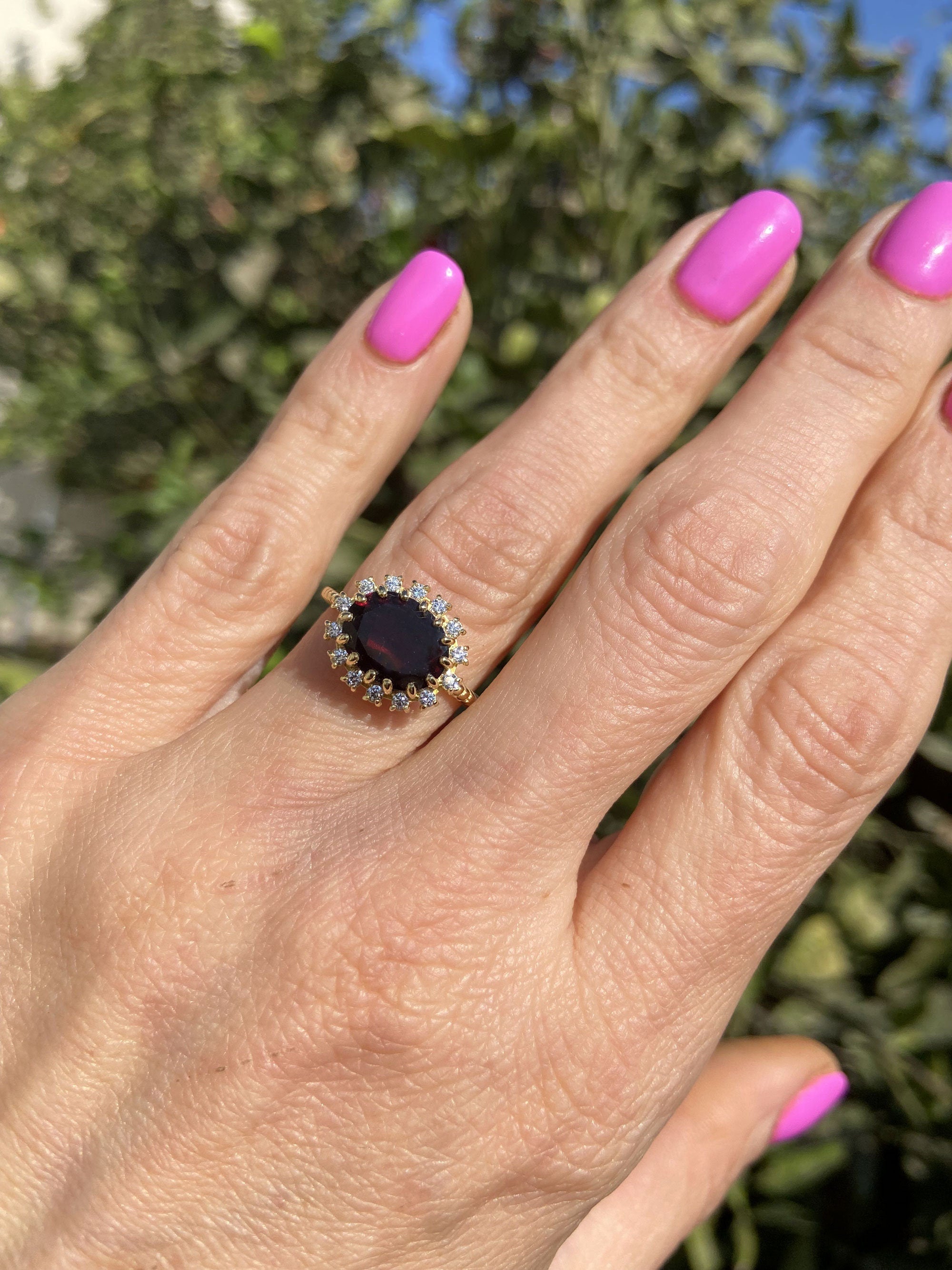 East-West Oval Red Garnet Ring with Clear Quartz Halo - H.L.Jewelry