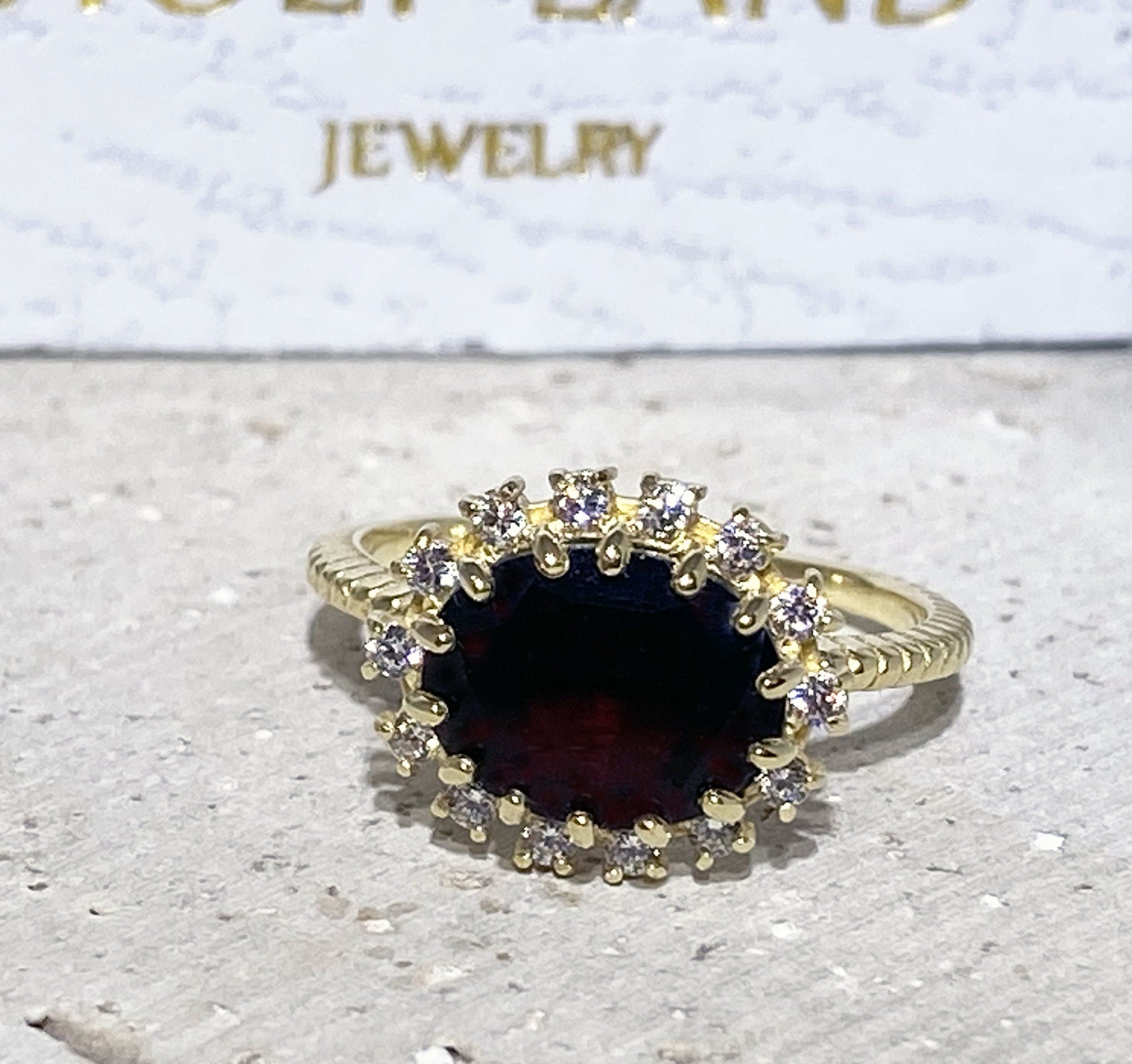 East-West Oval Red Garnet Ring with Clear Quartz Halo - H.L.Jewelry