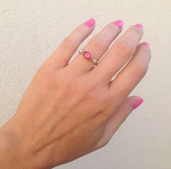 East-West Oval Ruby Bezel Ring with Clear Quartz Accents - H.L.Jewelry