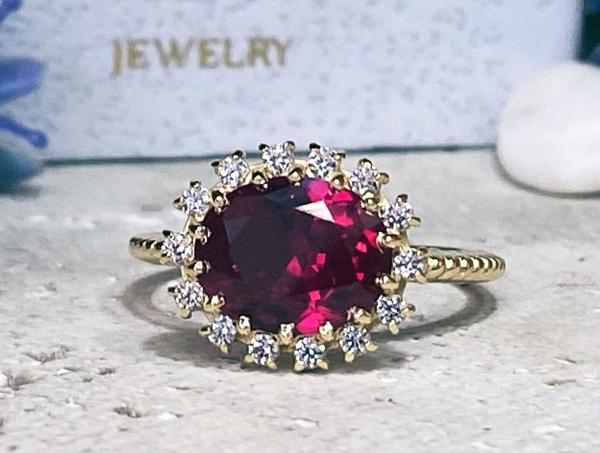 East-West Oval Ruby Ring with Clear Quartz Halo - H.L.Jewelry