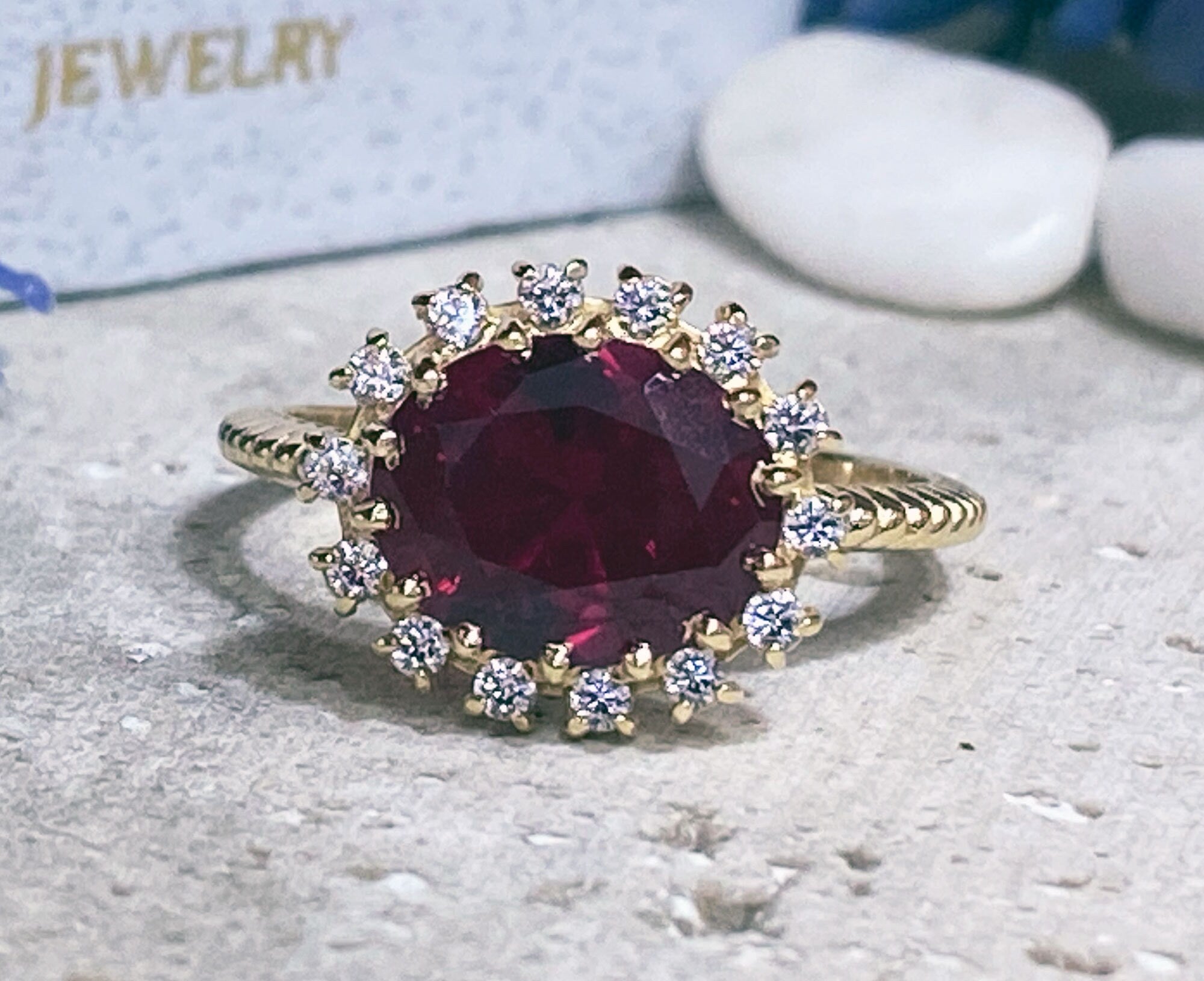 East-West Oval Ruby Ring with Clear Quartz Halo - H.L.Jewelry
