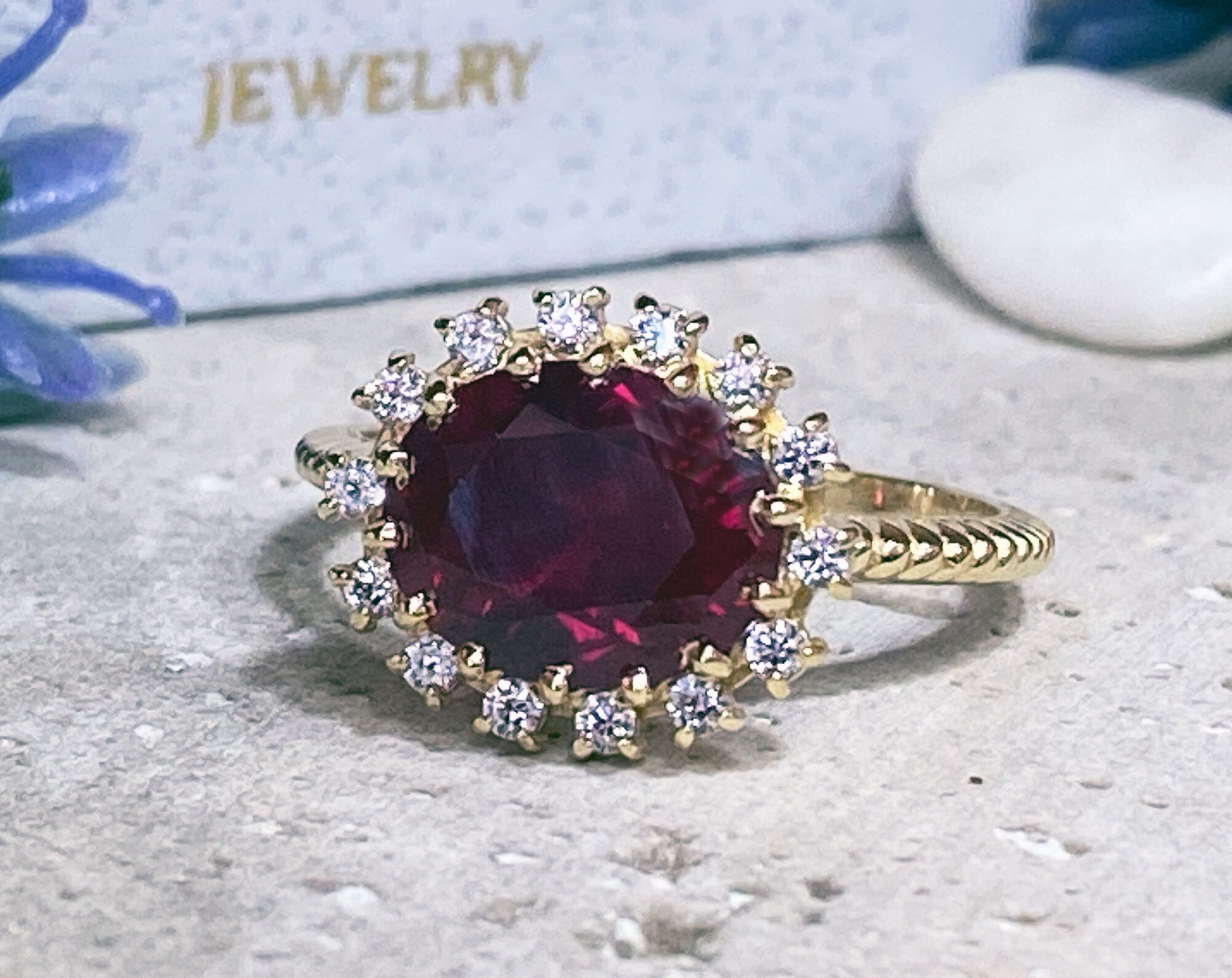 East-West Oval Ruby Ring with Clear Quartz Halo - H.L.Jewelry