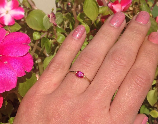 East-West Oval Ruby Simple Stacking Ring - H.L.Jewelry