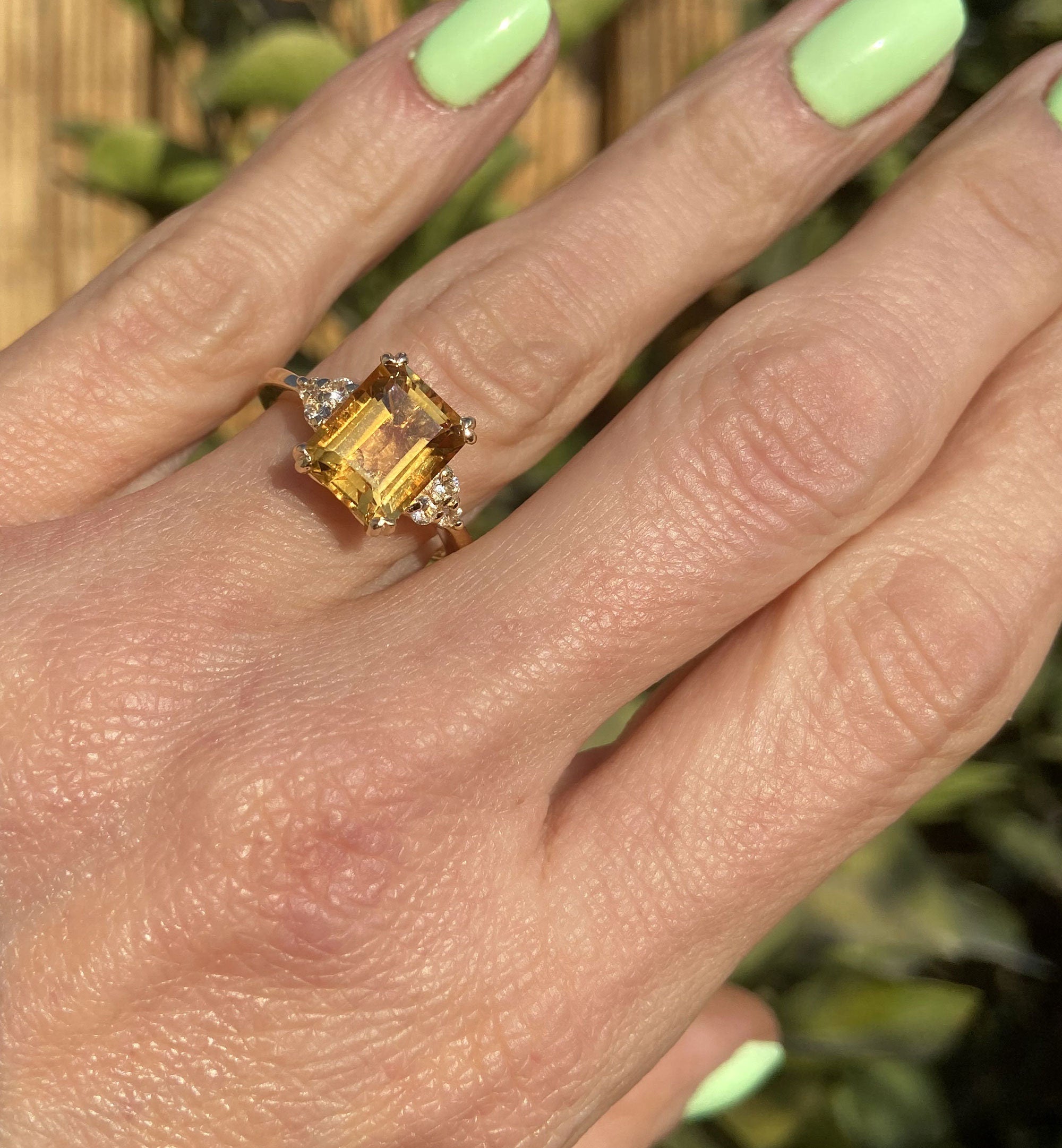 Emerald-Cut Citrine Engagement Ring with Clear Quartz Accents - H.L.Jewelry