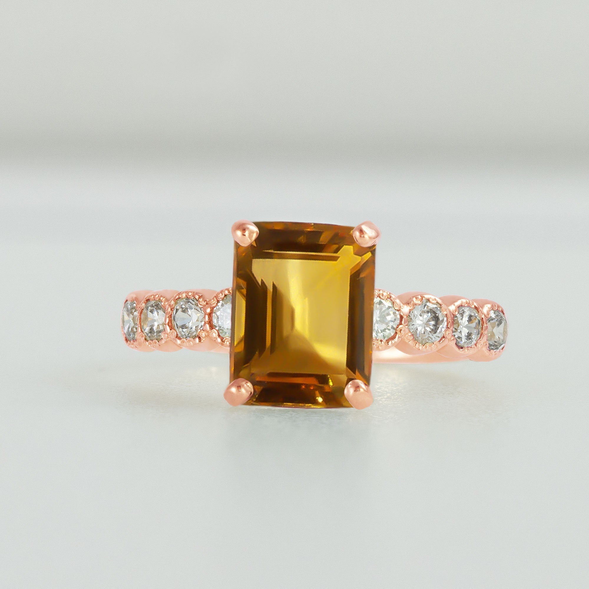 Emerald-Cut Citrine Engagement Ring with Clear Quartz Accents - H.L.Jewelry
