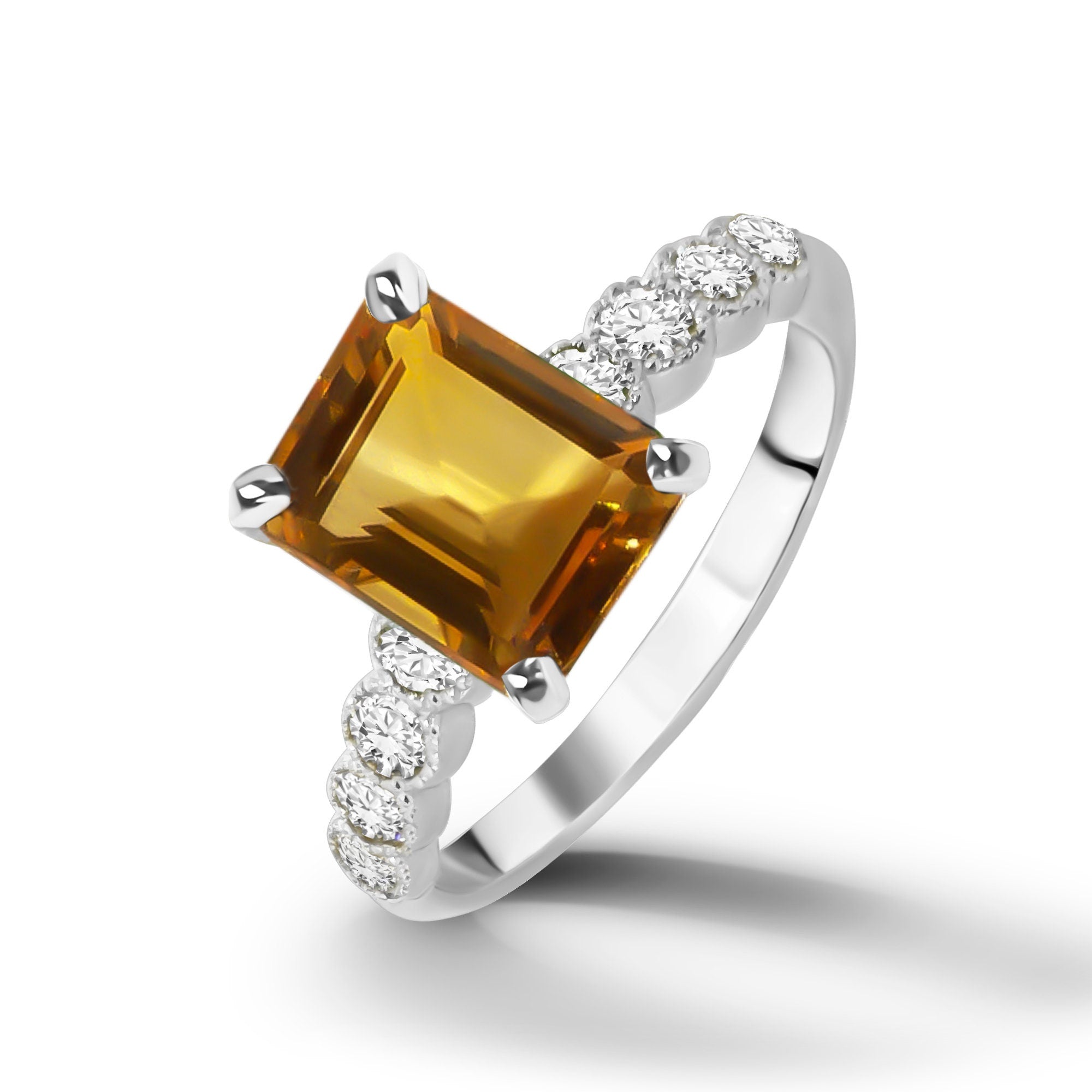 Emerald-Cut Citrine Engagement Ring with Clear Quartz Accents - H.L.Jewelry