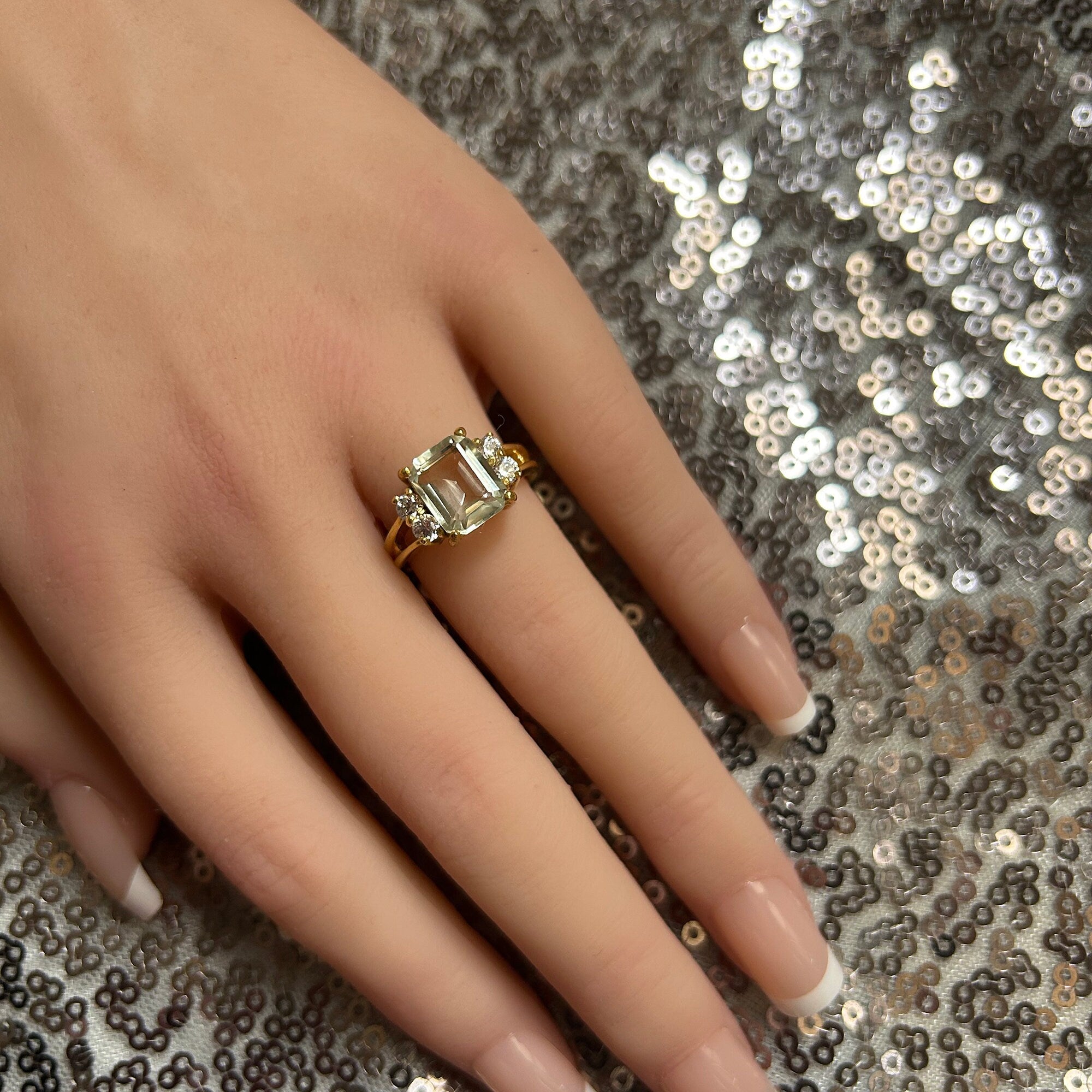 Emerald-Cut Green Amethyst Double Band Ring with Clear Quartz Accents - H.L.Jewelry