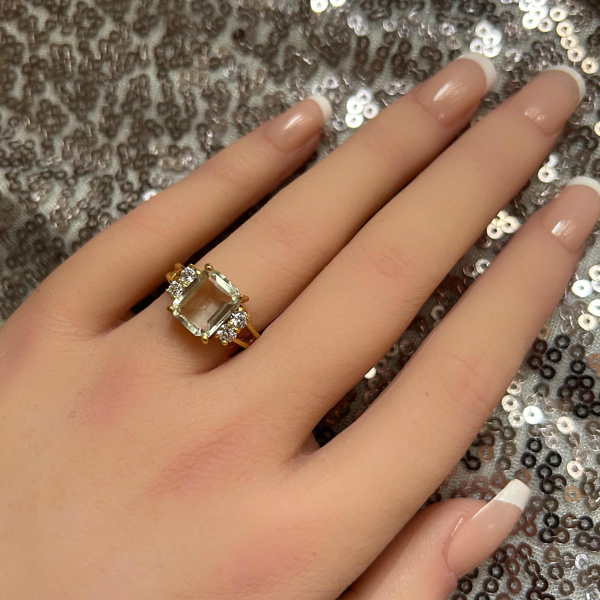 Emerald-Cut Green Amethyst Double Band Ring with Clear Quartz Accents - H.L.Jewelry
