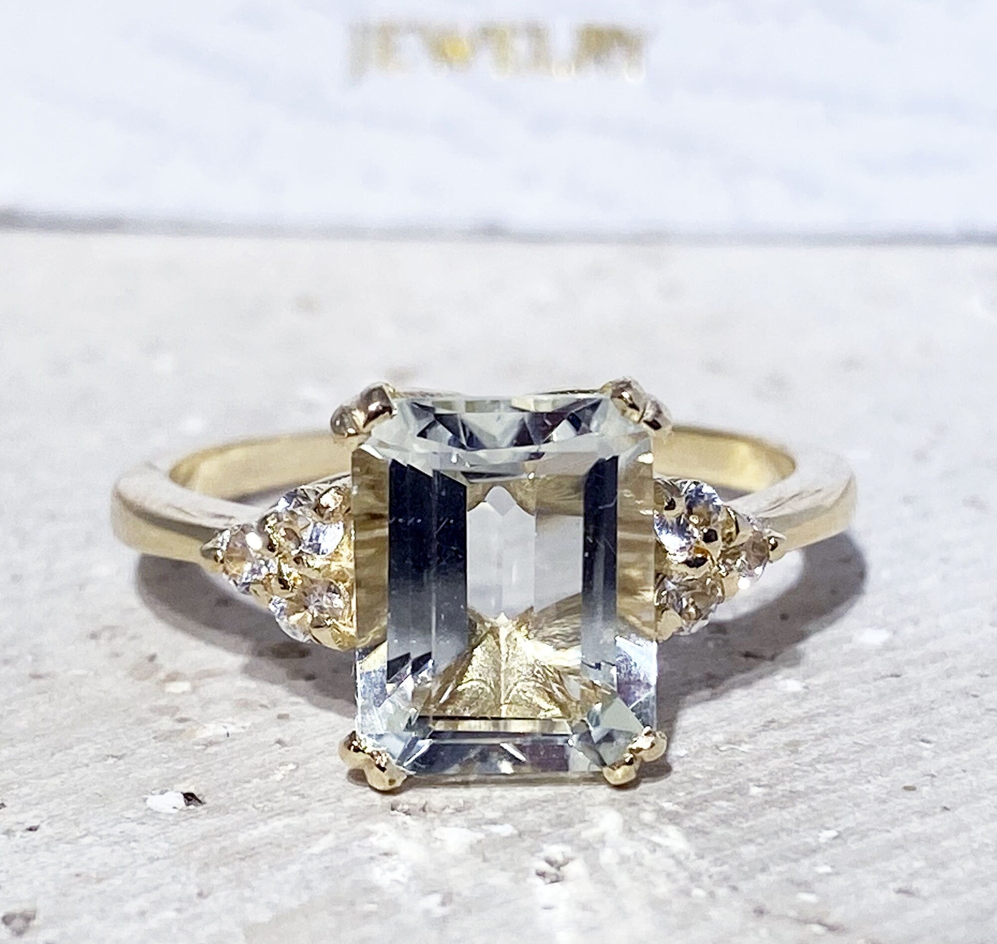 Emerald-Cut Green Amethyst Engagement Ring with Clear Quartz Accents - H.L.Jewelry