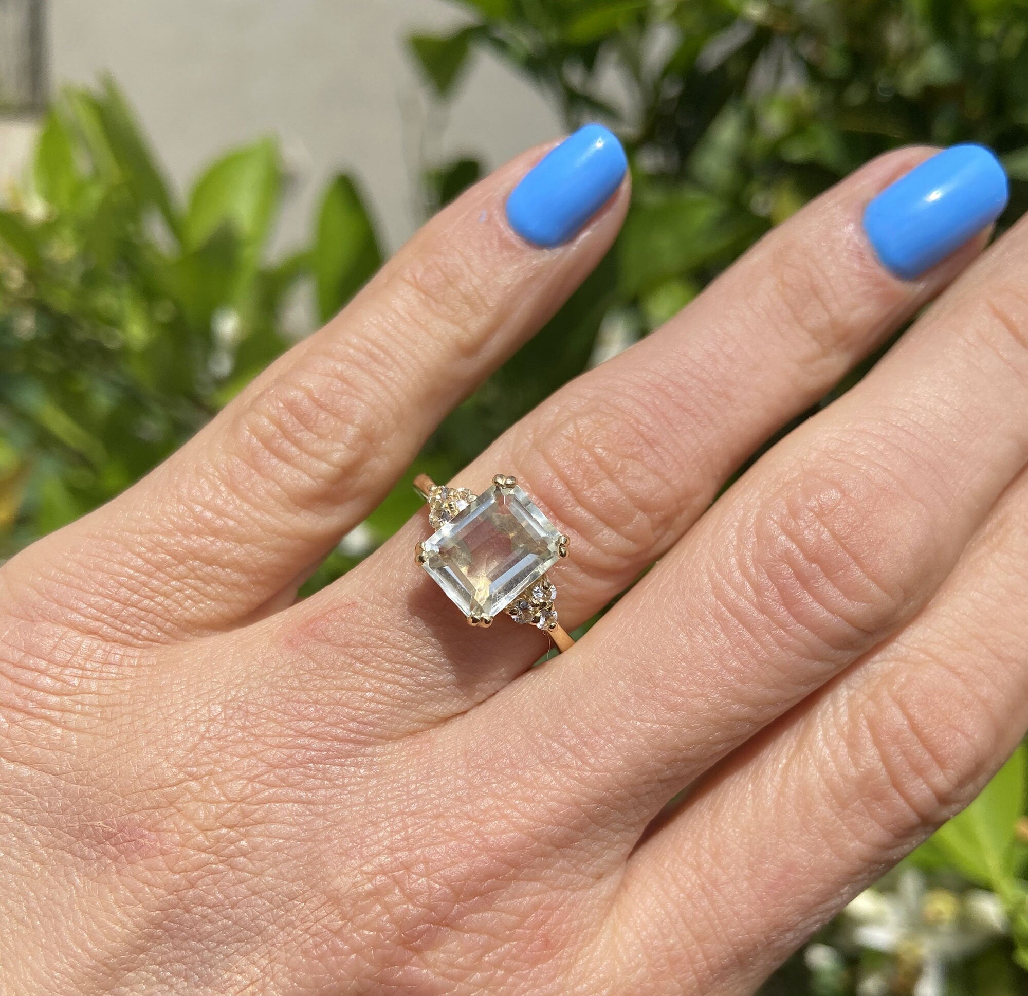 Emerald-Cut Green Amethyst Engagement Ring with Clear Quartz Accents - H.L.Jewelry