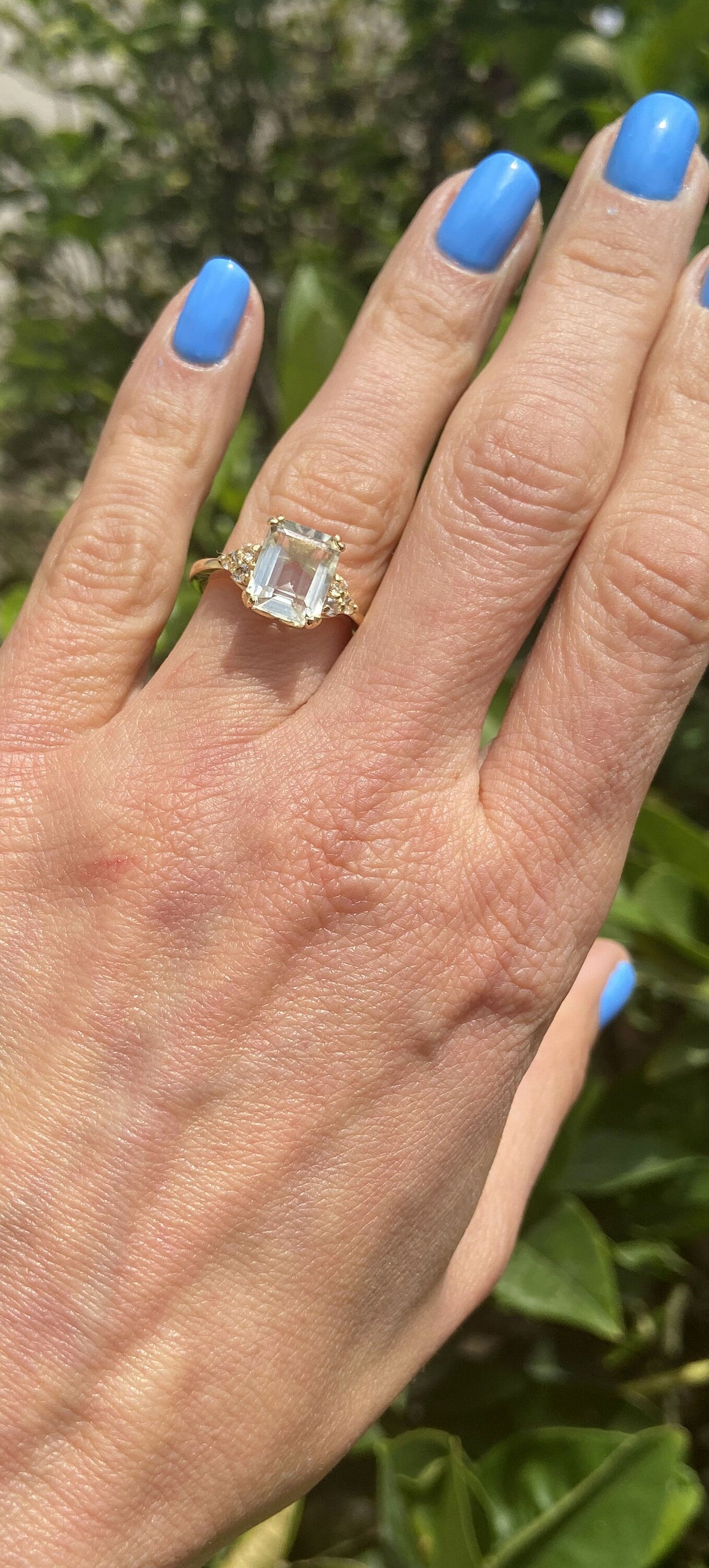 Emerald-Cut Green Amethyst Engagement Ring with Clear Quartz Accents - H.L.Jewelry