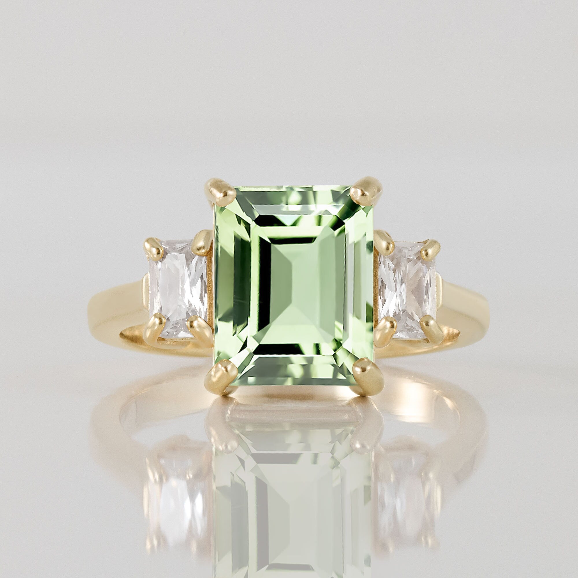 Emerald-Cut Green Amethyst Statement Ring with Clear Quartz Accents - H.L.Jewelry