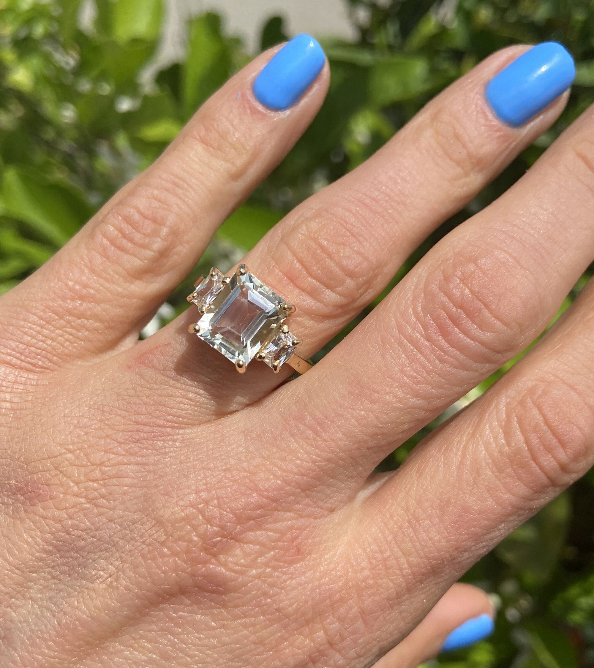 Emerald-Cut Green Amethyst Statement Ring with Clear Quartz Accents - H.L.Jewelry