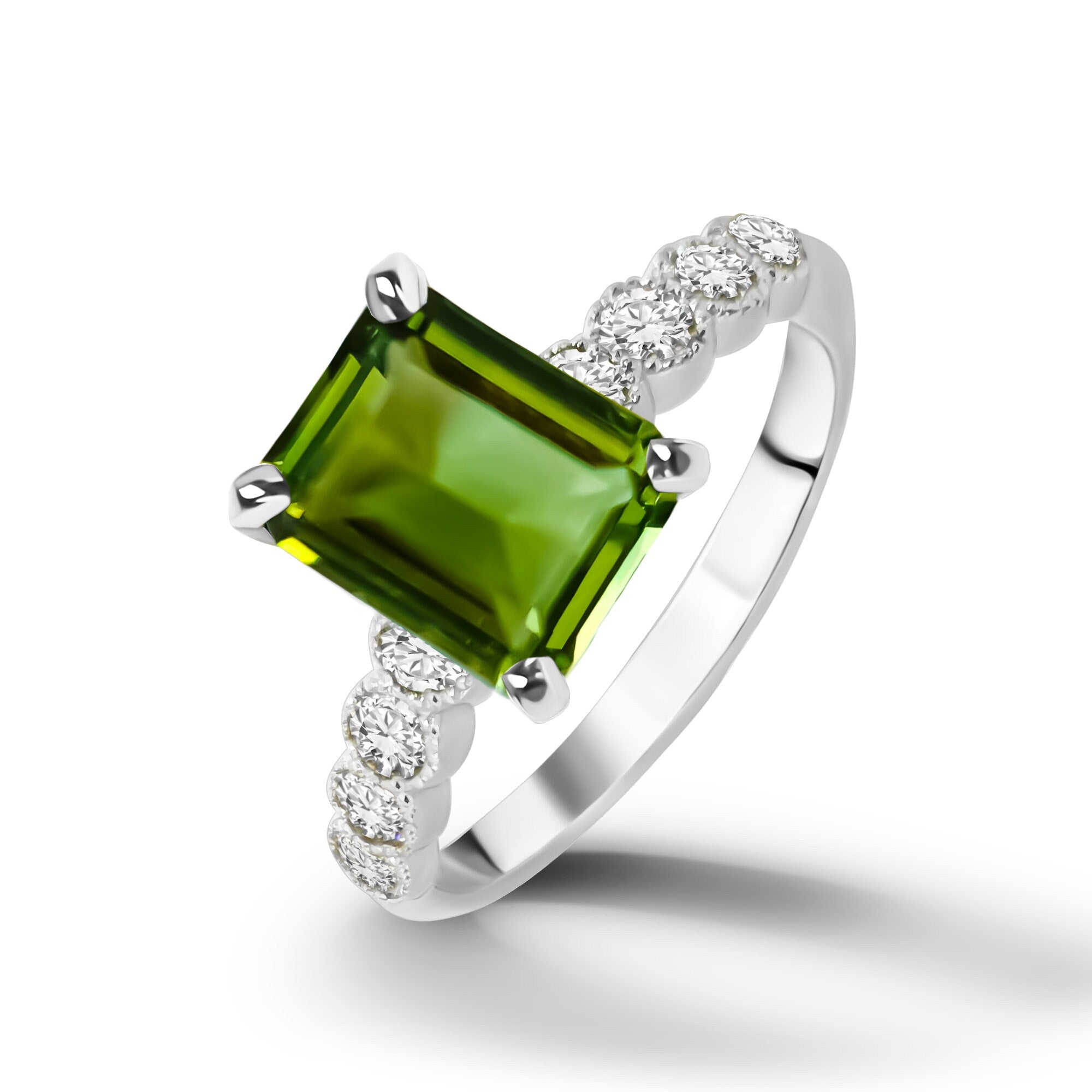 Emerald Cut Green Tourmaline Engagement Ring with Clear Quartz Accents - H.L.Jewelry