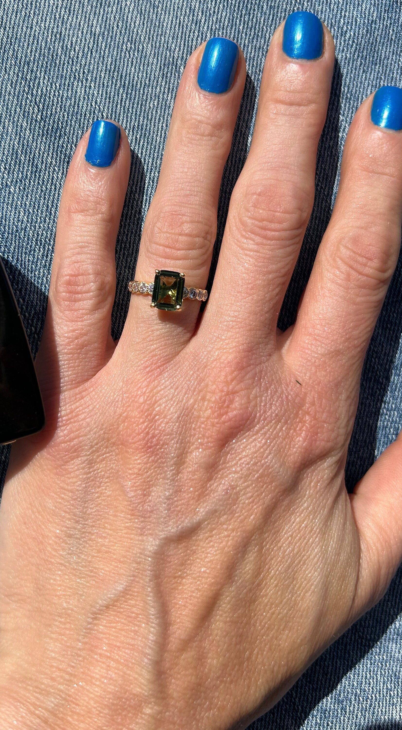 Emerald Cut Green Tourmaline Engagement Ring with Clear Quartz Accents - H.L.Jewelry