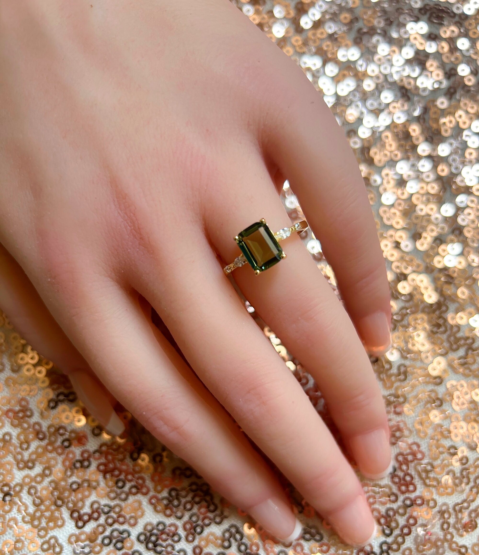 Emerald-Cut Green Tourmaline Ring with Clear Quartz Accents - H.L.Jewelry