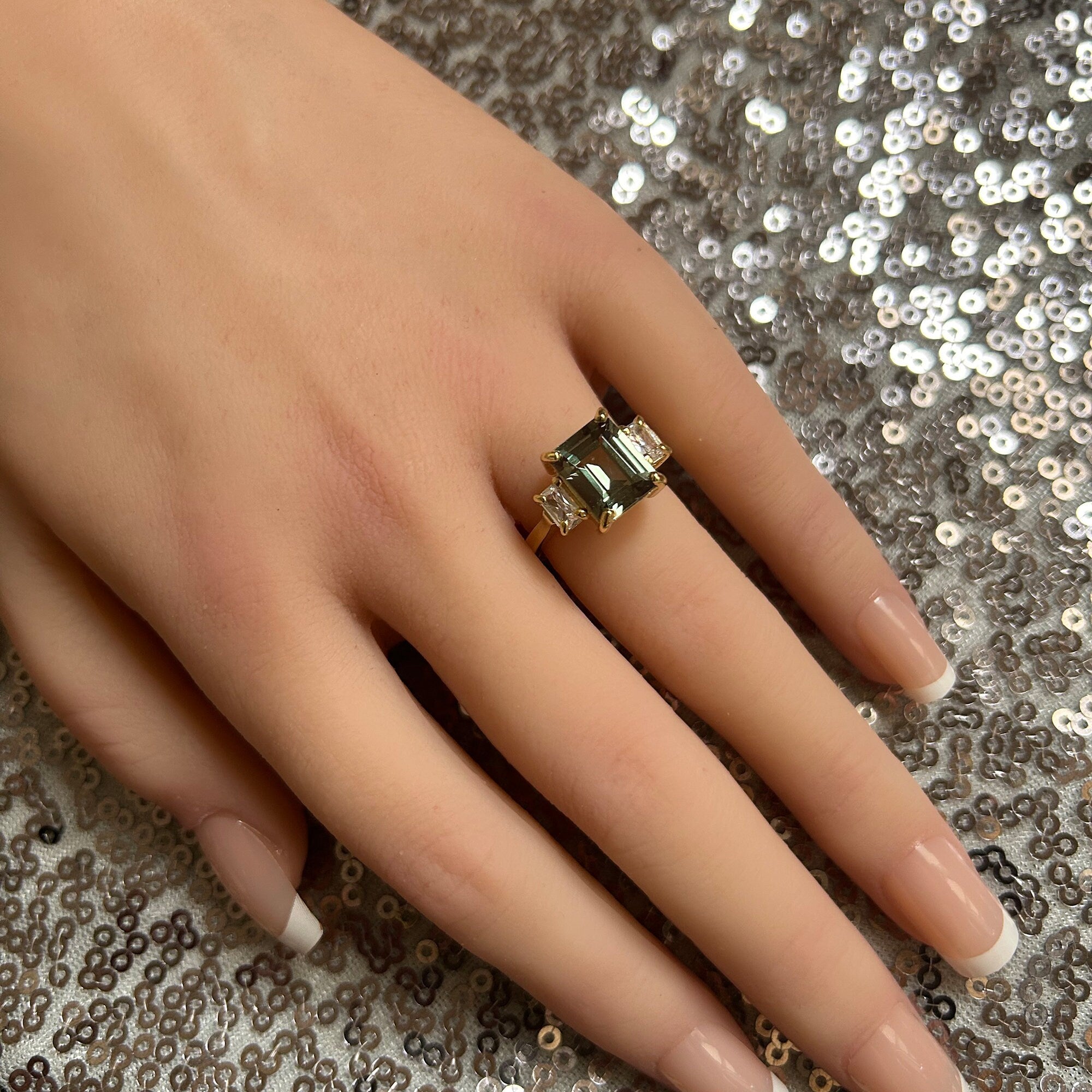 Emerald-Cut Green Tourmaline Ring with Clear Quartz Accents - H.L.Jewelry