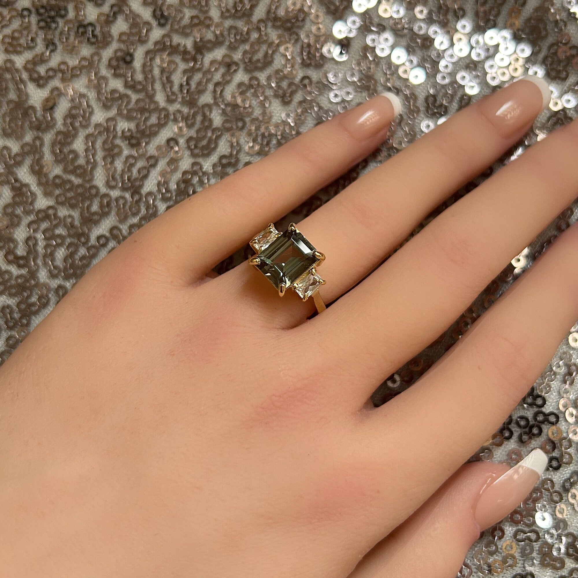 Emerald-Cut Green Tourmaline Ring with Clear Quartz Accents - H.L.Jewelry