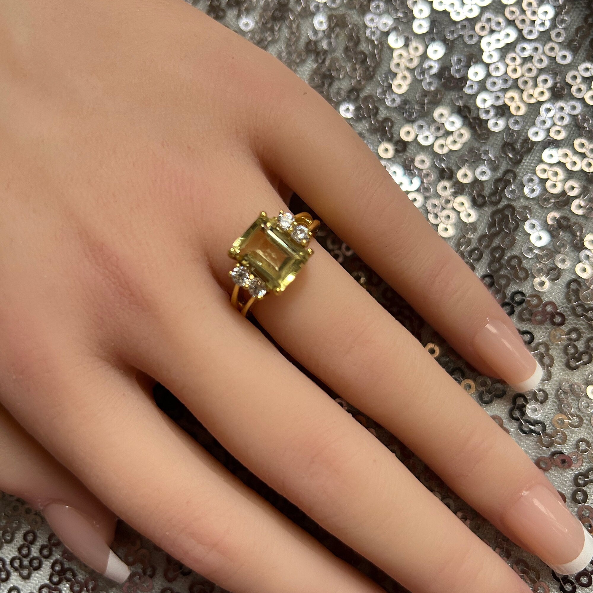 Emerald-Cut Lemon Quartz Double Band Ring with Clear Quartz Accents - H.L.Jewelry