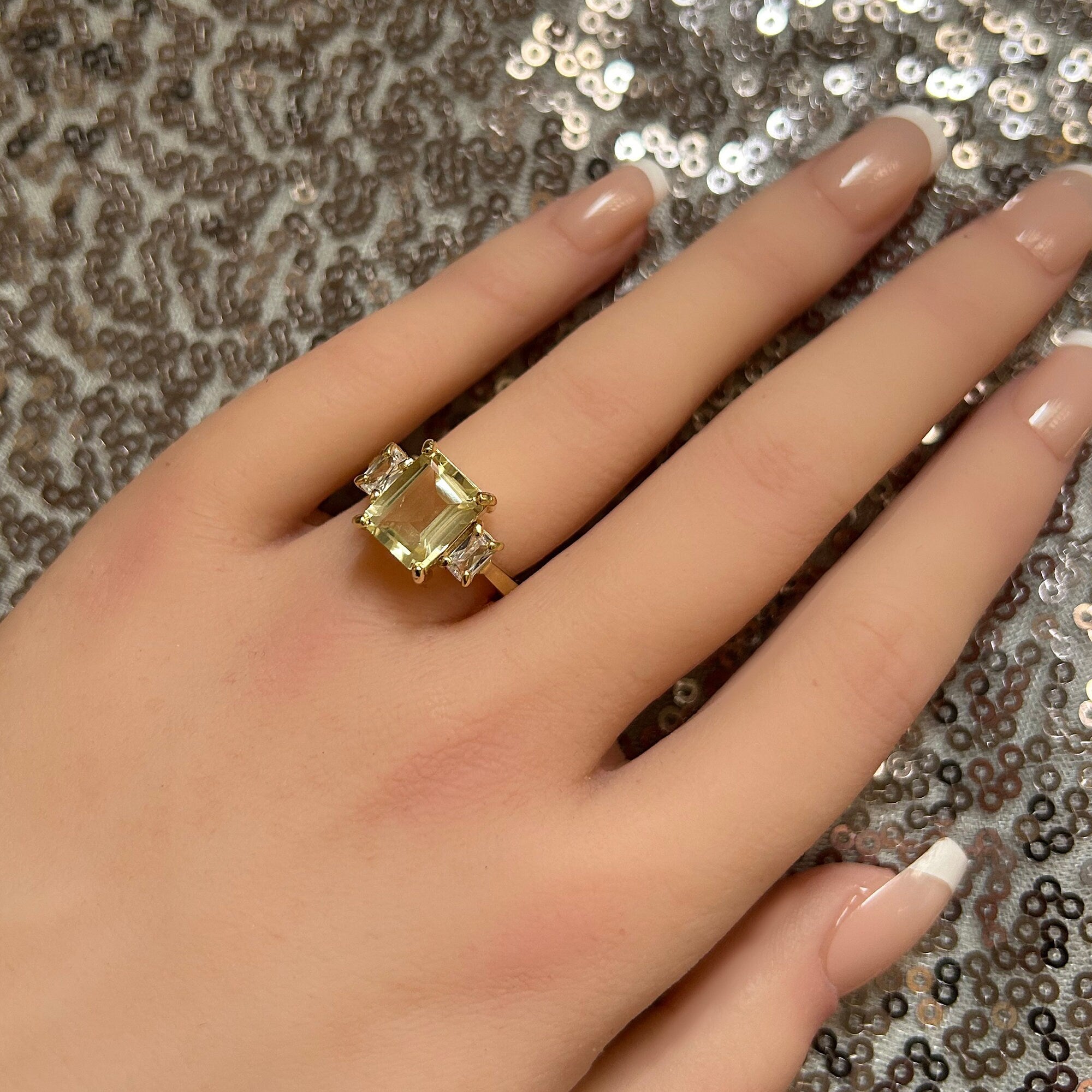 Emerald-Cut Lemon Quartz Ring with Clear Quartz Accents - H.L.Jewelry