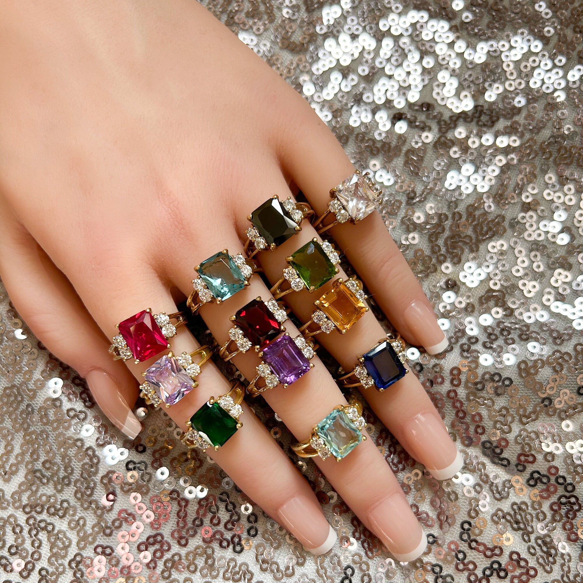 Emerald-Cut Purple Amethyst Double Band Ring with Clear Quartz Accents - H.L.Jewelry