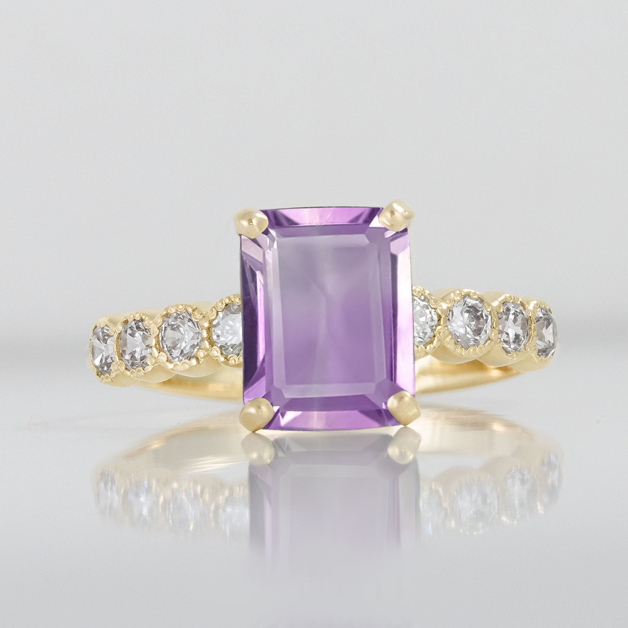 Emerald-Cut Purple Amethyst Engagement Ring with Clear Quartz Accents - H.L.Jewelry