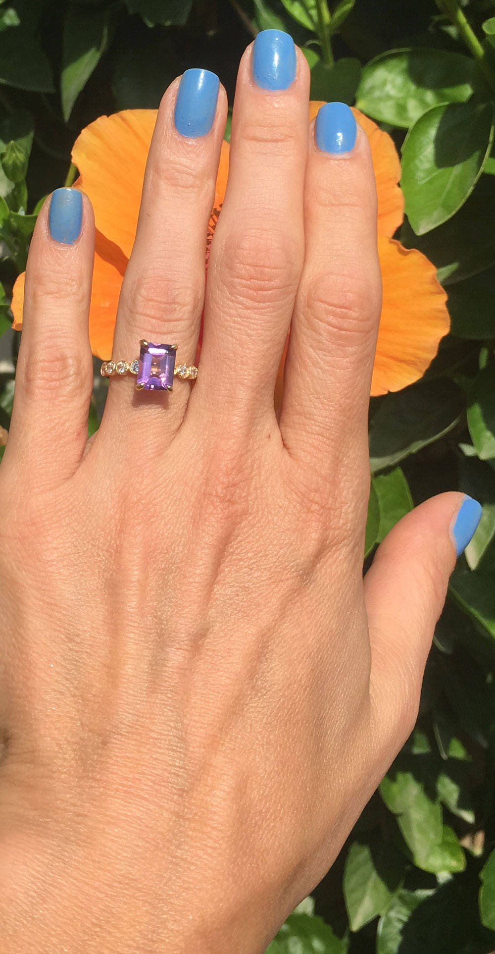 Emerald-Cut Purple Amethyst Engagement Ring with Clear Quartz Accents - H.L.Jewelry