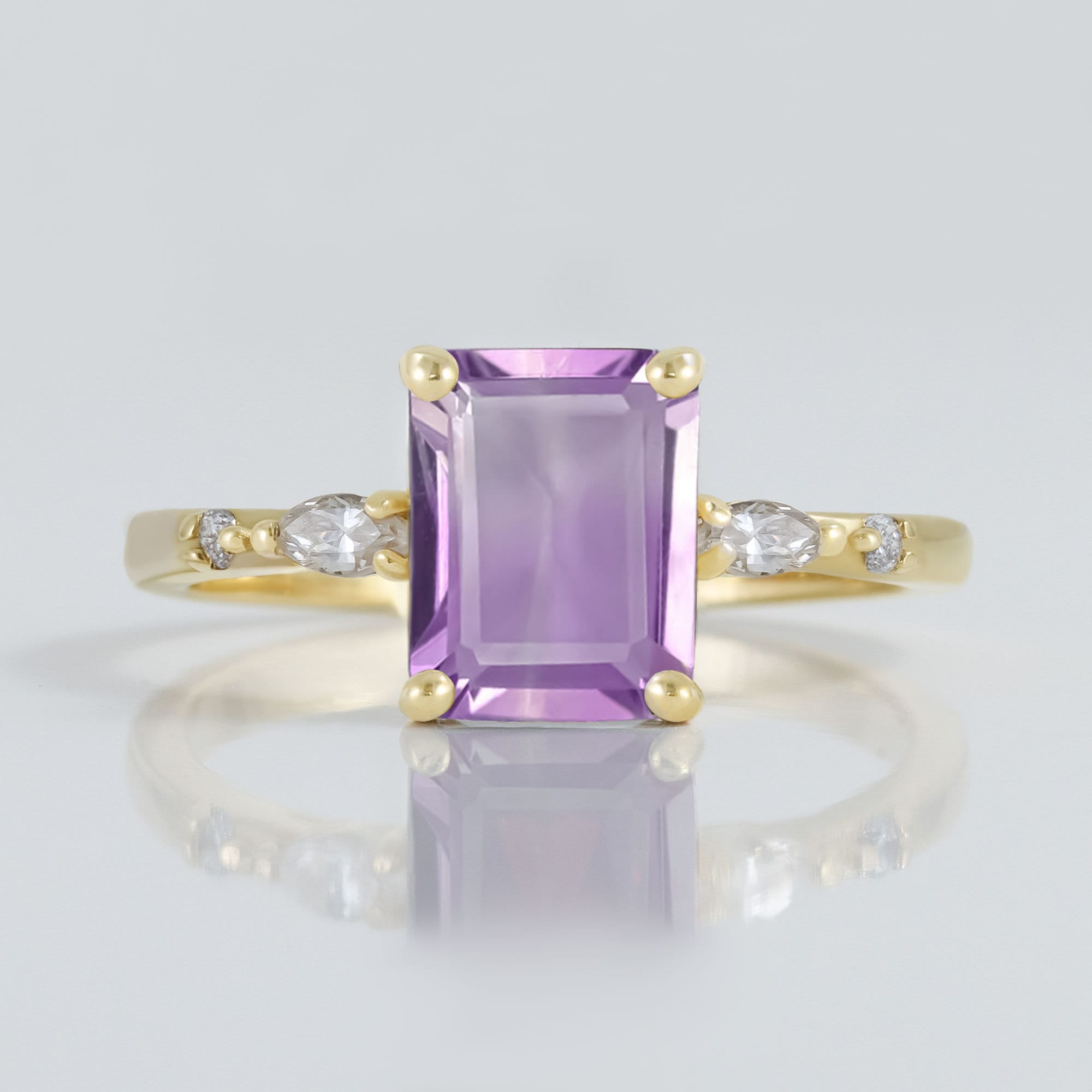Emerald-Cut Purple Amethyst Ring with Clear Quartz Accents - H.L.Jewelry