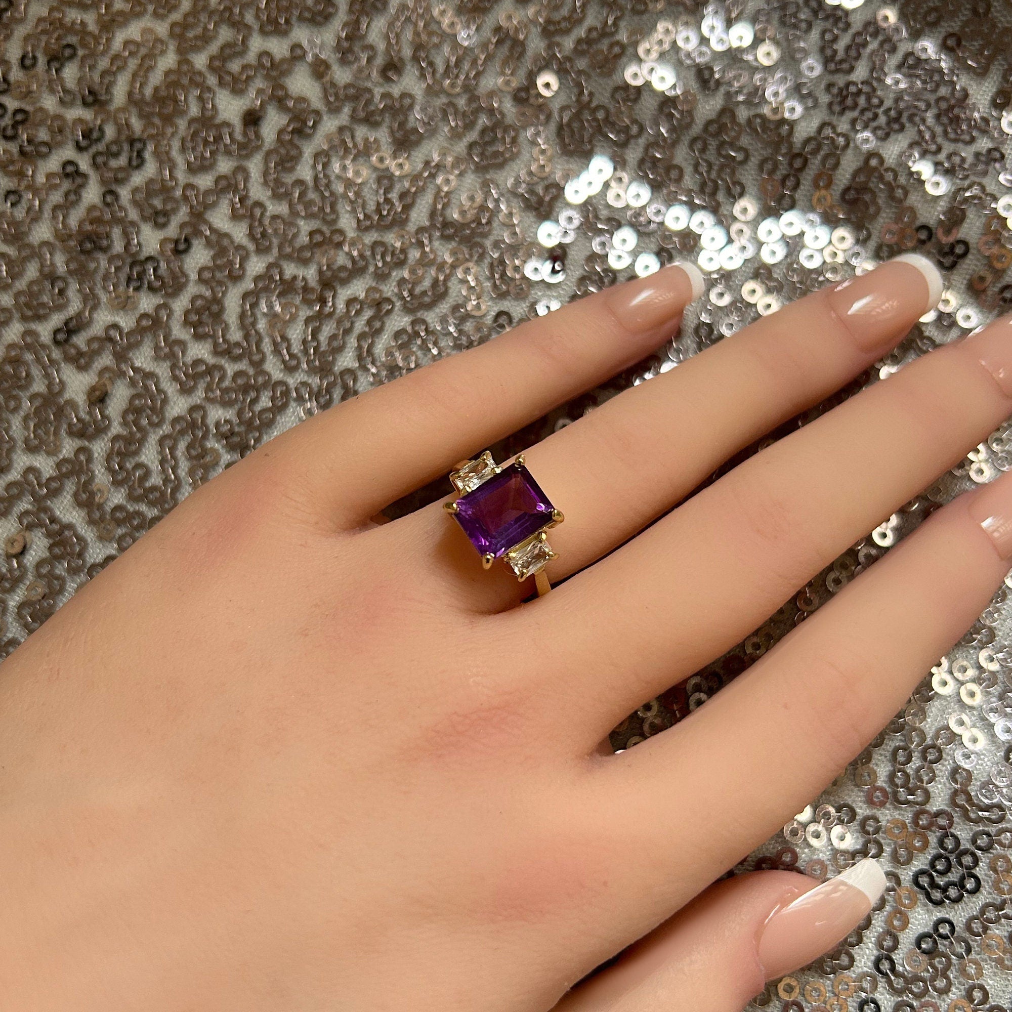 Emerald-Cut Purple Amethyst Statement Ring with Clear Quartz Accents - H.L.Jewelry
