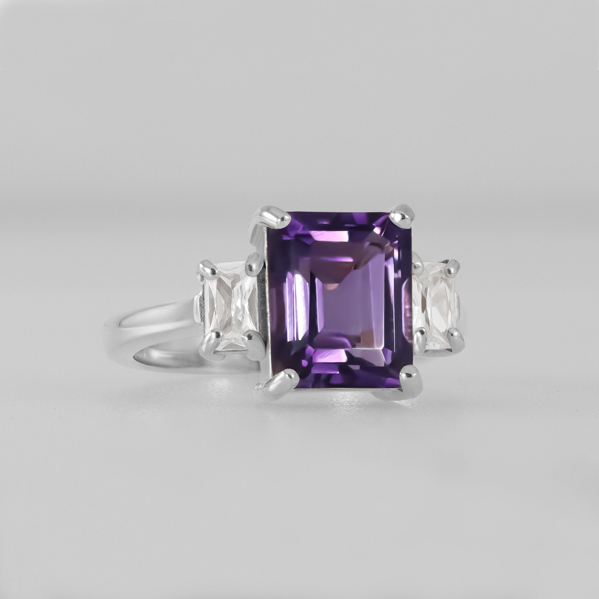 Emerald-Cut Purple Amethyst Statement Ring with Clear Quartz Accents - H.L.Jewelry