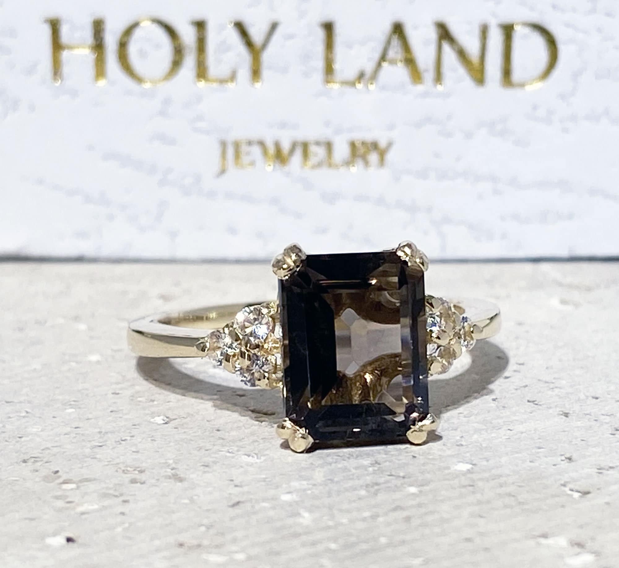 Emerald-Cut Smoky Quartz Engagement Ring with Clear Quartz Accents - H.L.Jewelry