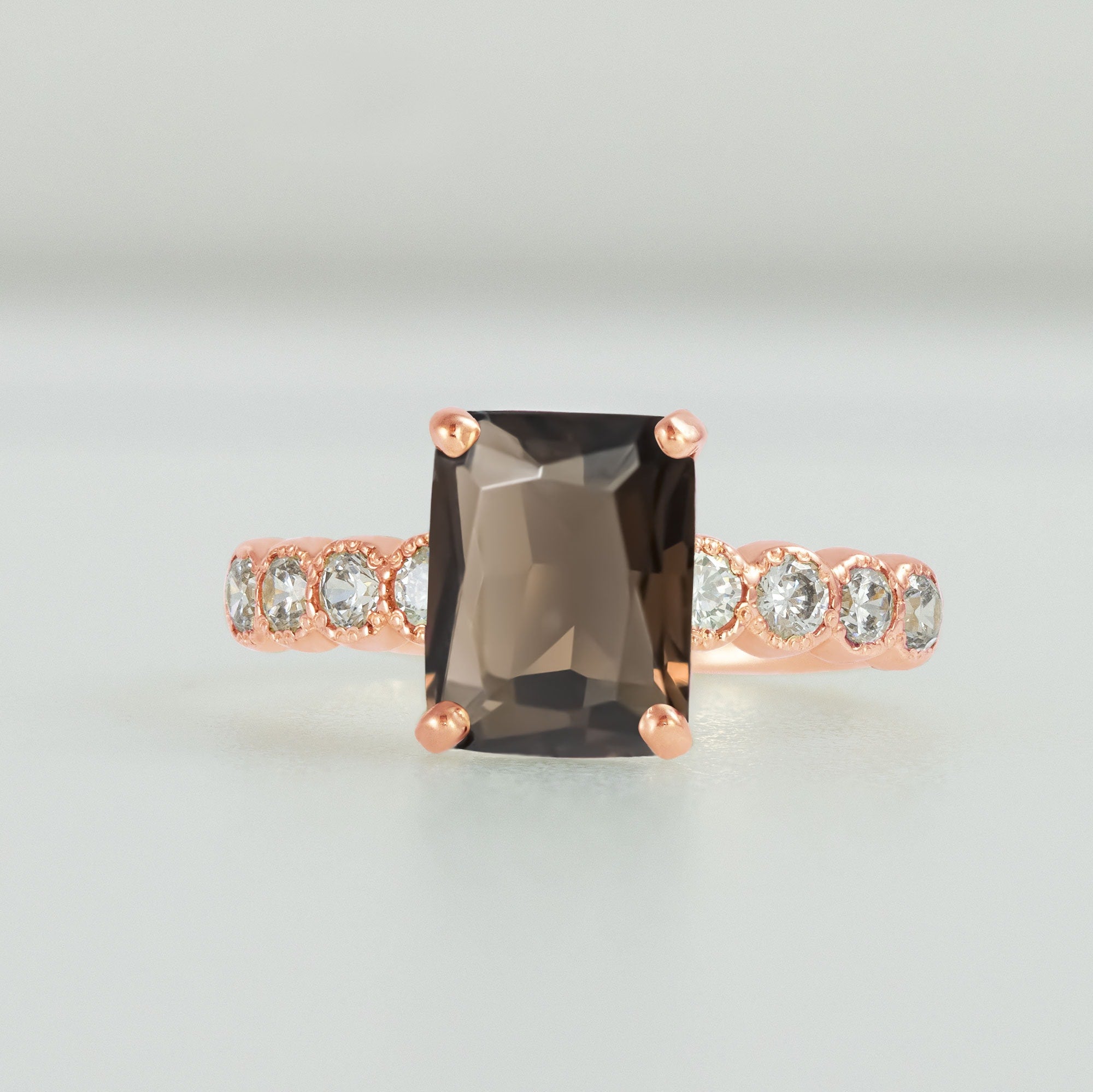 Emerald-Cut Smoky Quartz Engagement Ring with Clear Quartz Accents - H.L.Jewelry