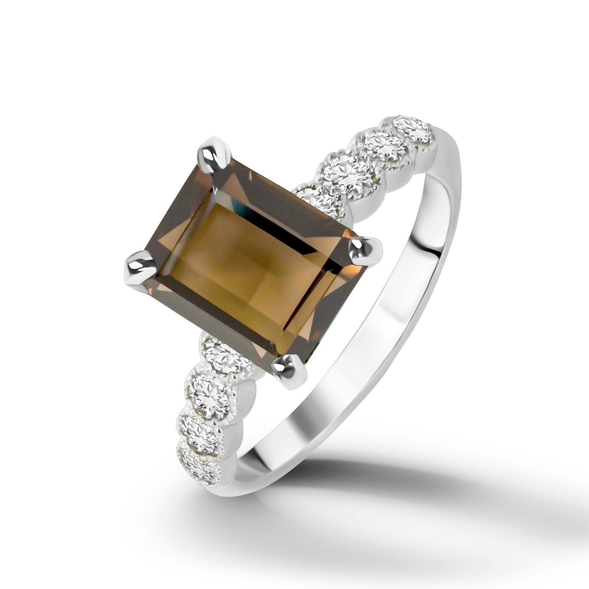 Emerald-Cut Smoky Quartz Engagement Ring with Clear Quartz Accents - H.L.Jewelry