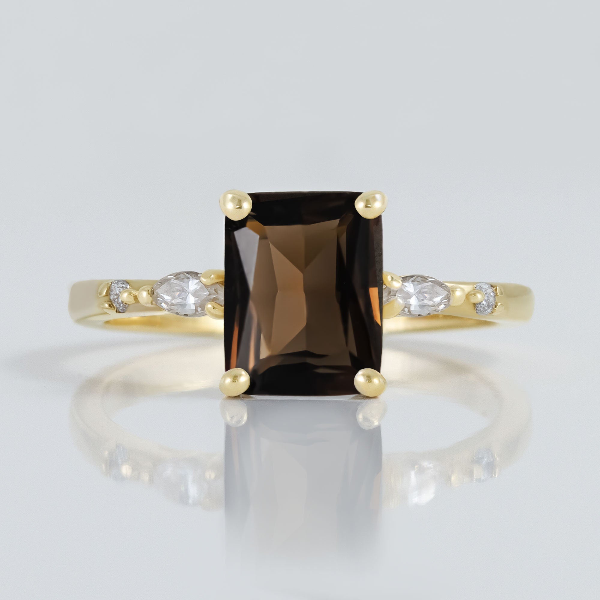 Emerald-Cut Smoky Quartz Ring with Clear Quartz Accents - H.L.Jewelry