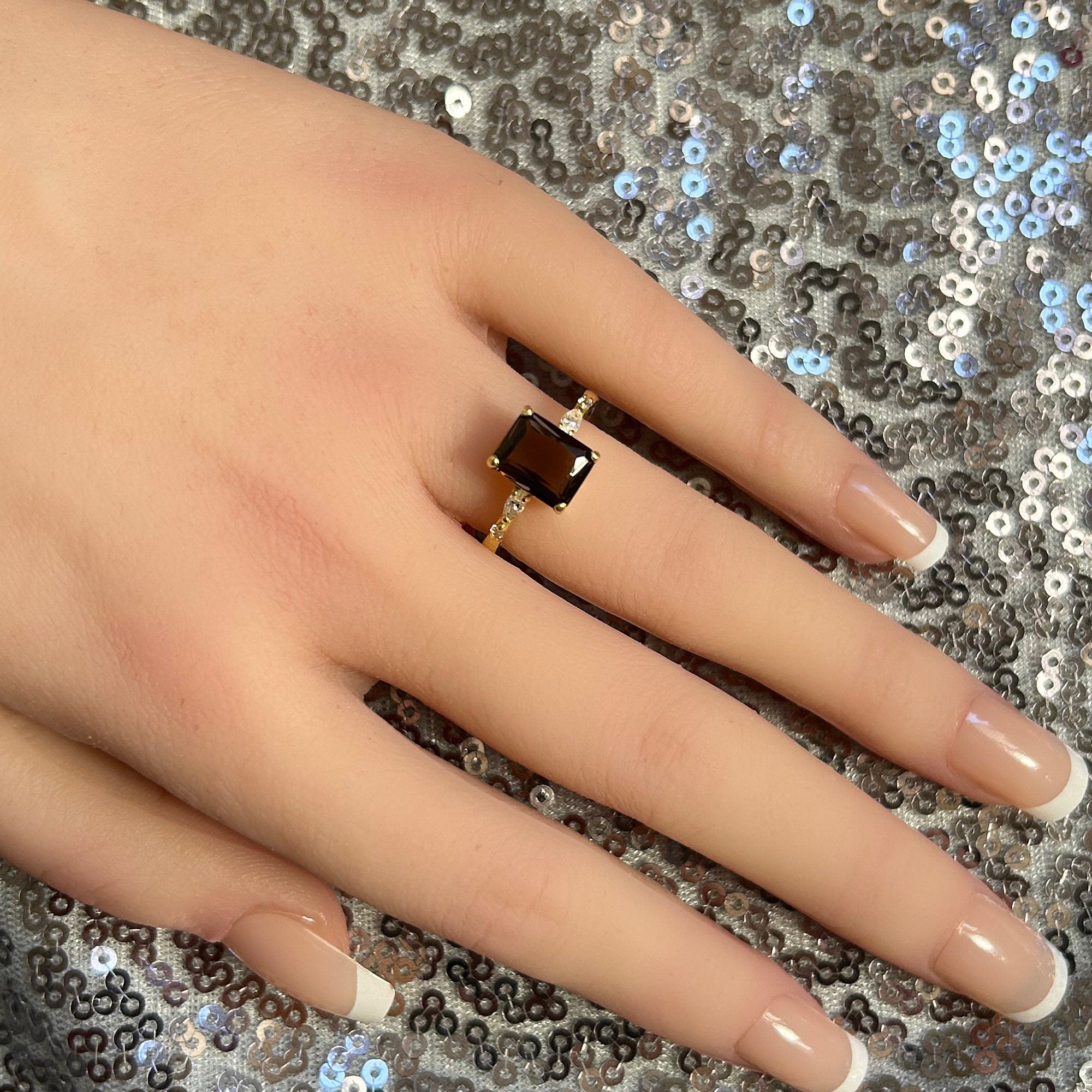 Emerald-Cut Smoky Quartz Ring with Clear Quartz Accents - H.L.Jewelry