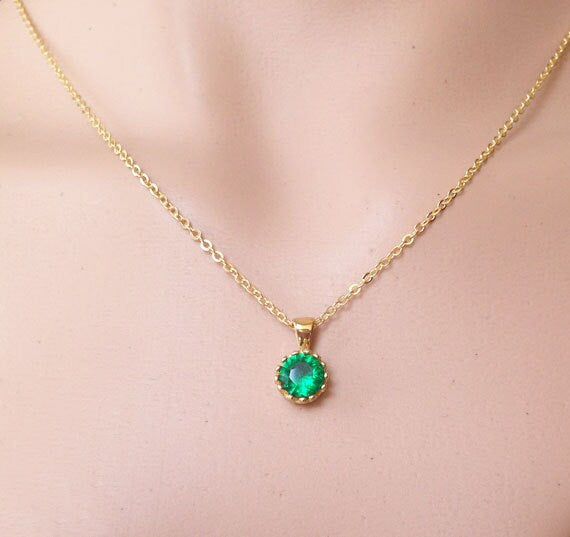 Emerald Necklace - May Birthstone - Round Emerald Gemstone Delicate Chain Necklace - H.L.Jewelry