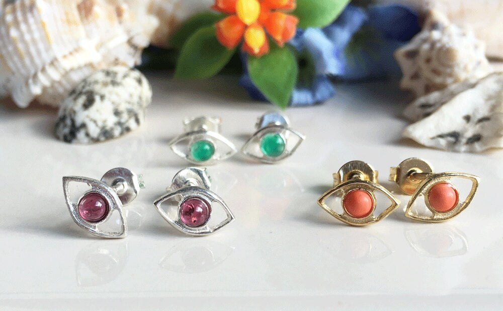 Evil Eye Simple Stud Earrings with Your Chosen Gemstone - H.L.Jewelry