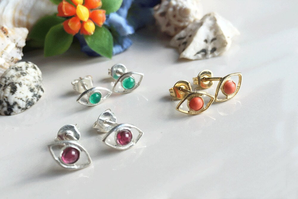 Evil Eye Simple Stud Earrings with Your Chosen Gemstone - H.L.Jewelry