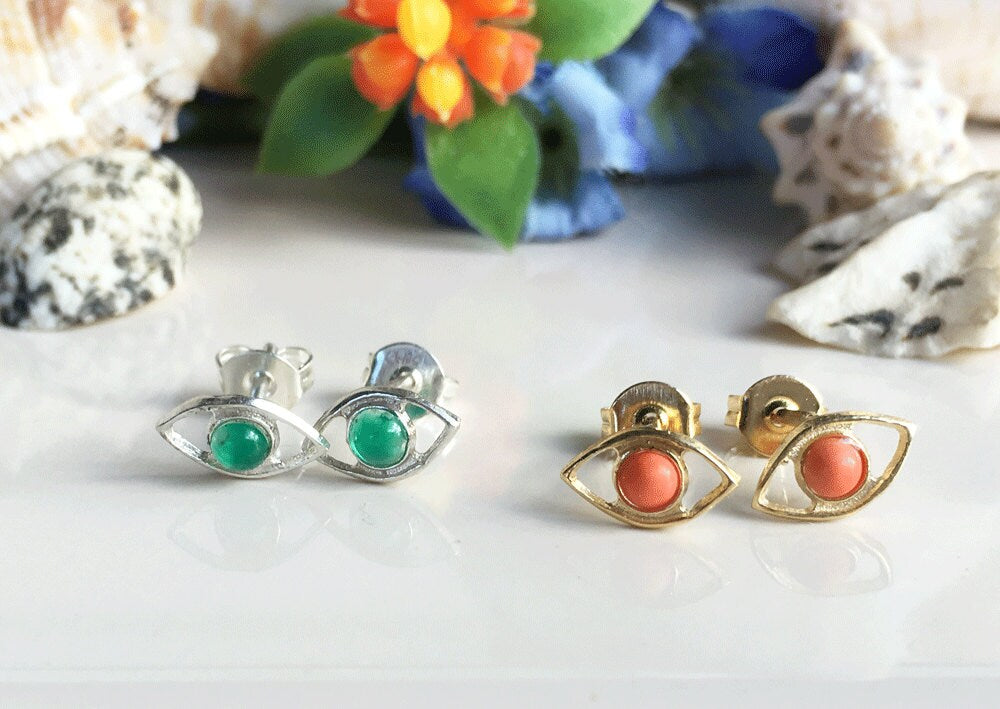 Evil Eye Simple Stud Earrings with Your Chosen Gemstone - H.L.Jewelry