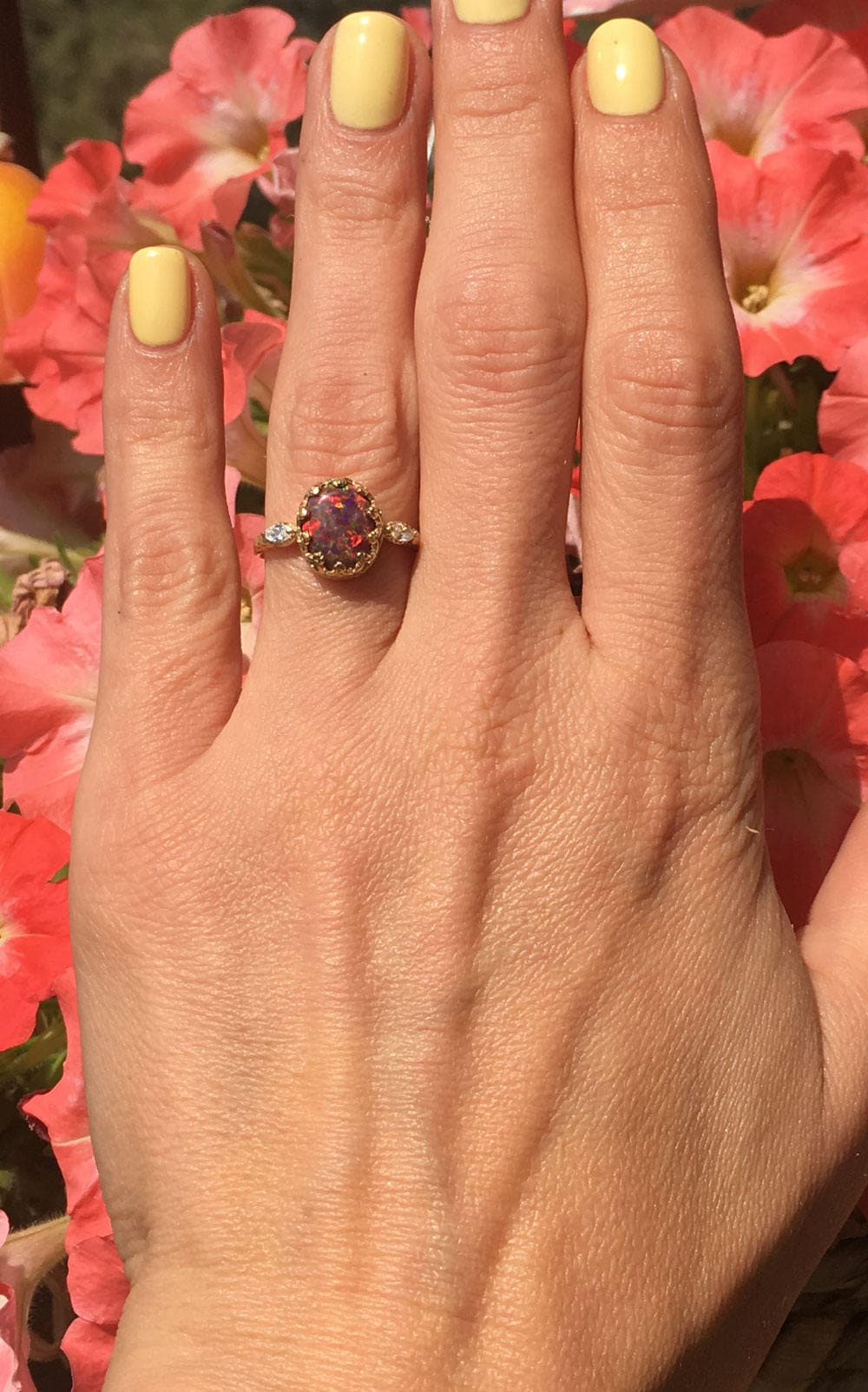 Fire Opal Vintage Oval Crown Ring with Clear Quartz Accents - H.L.Jewelry