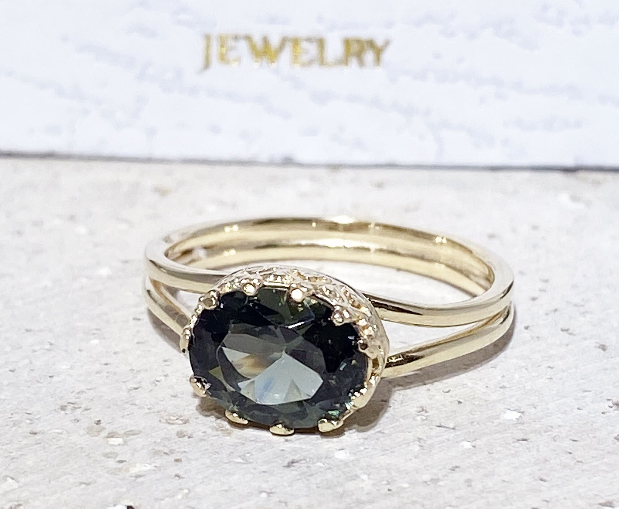 Green Tourmaline Gemstone Double Band Vintage Oval Crown Ring - H.L.Jewelry