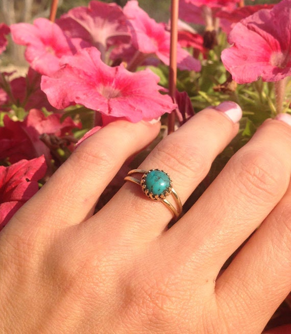 Green Turquoise Double Band Round Crown Ring - H.L.Jewelry