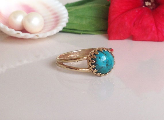 Green Turquoise Double Band Round Crown Ring - H.L.Jewelry