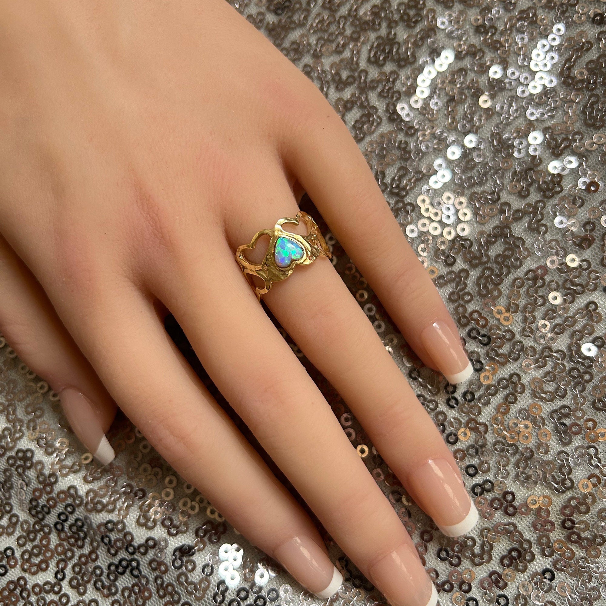 Heart Blue Opal Gemstone Wide Ring with Heart Accents - H.L.Jewelry